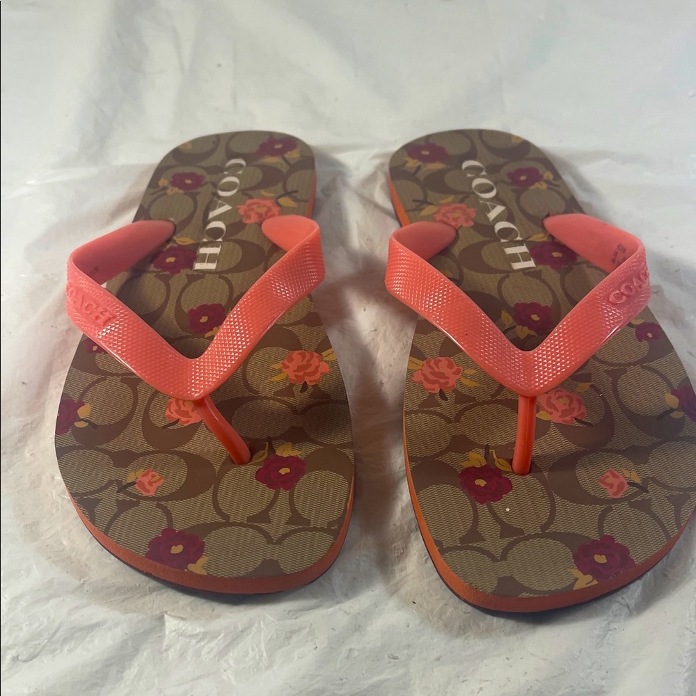 Coach Women's Thong Flip Flops With Pink Brown CC Floral Design Print Shoes